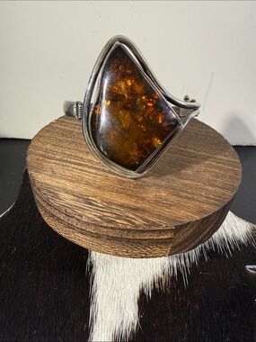 925, Vintage Sterling Silver Amber Statement Hinged Bangle Bracelet